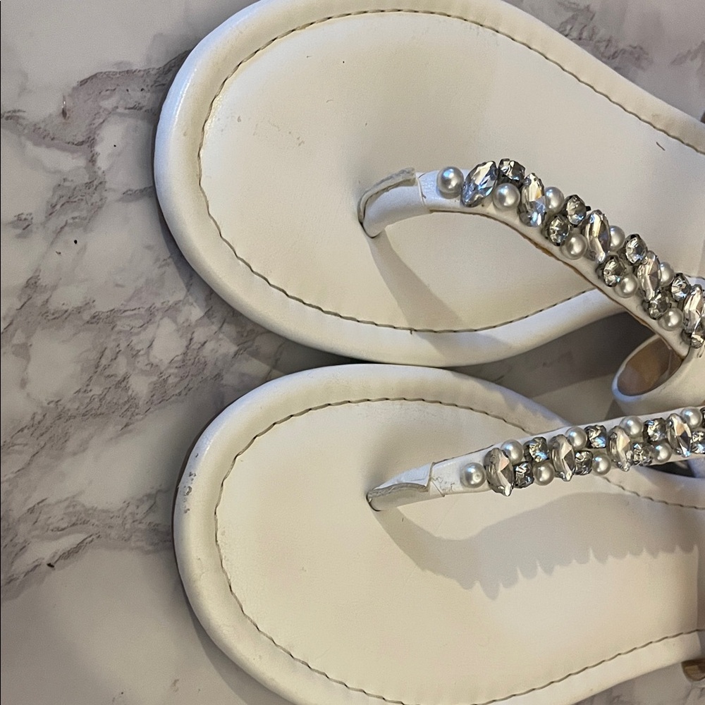 crown & ivy White Jeweled T-Strap Sandals - Picture 3 of 5